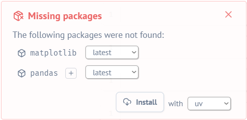 HTML marimo pop up prompting to install missing dependencies